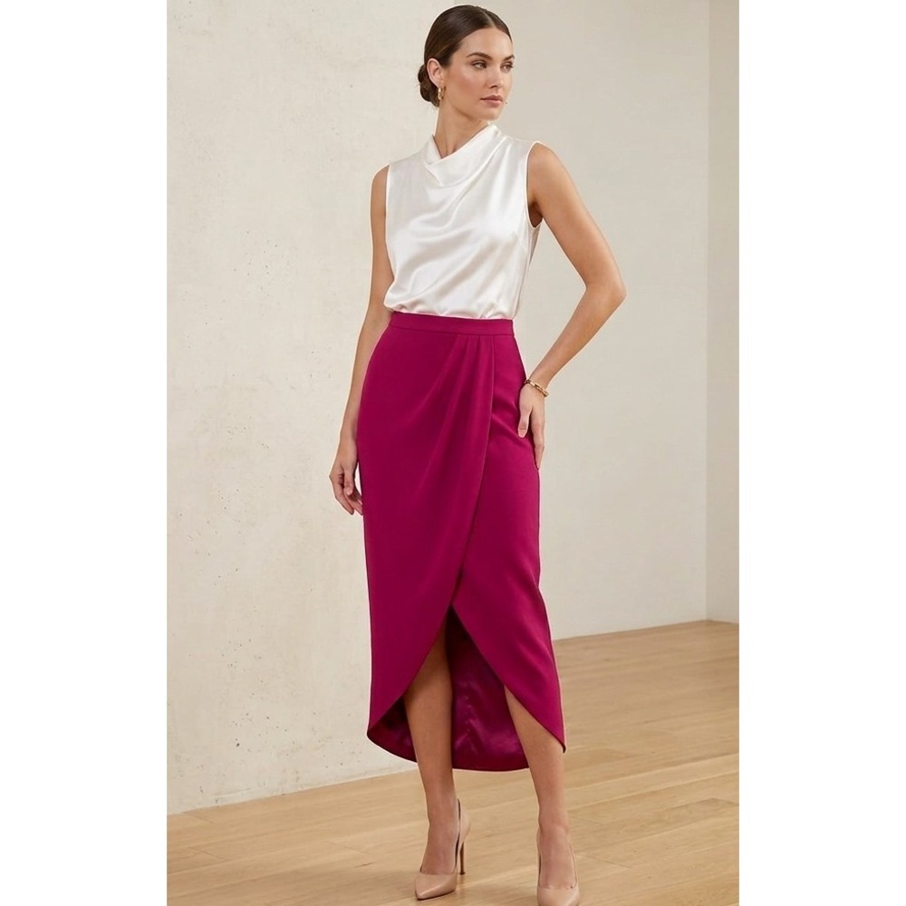 Belle 8 Badgley Mischka Stacey Skirt Fuchsia Pink Wrap Tulip Midi NEW